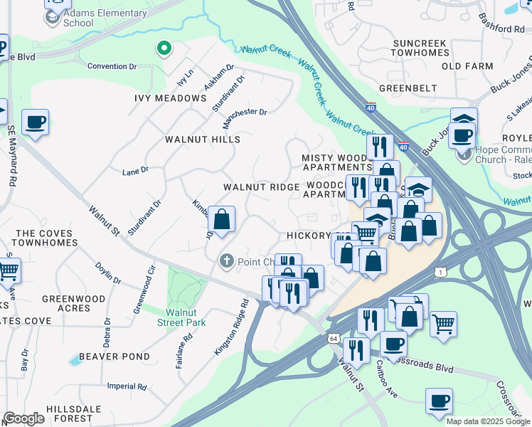 map of restaurants, bars, coffee shops, grocery stores, and more near 1200 Nottingham Drive in Cary