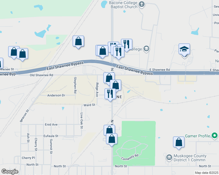 map of restaurants, bars, coffee shops, grocery stores, and more near 2015 North York Street in Muskogee
