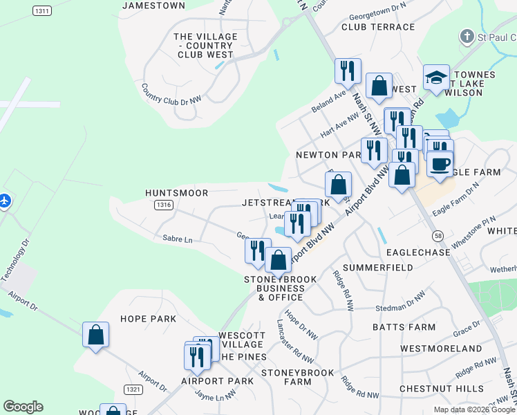 map of restaurants, bars, coffee shops, grocery stores, and more near 3801 Starship Lane Northwest in Wilson