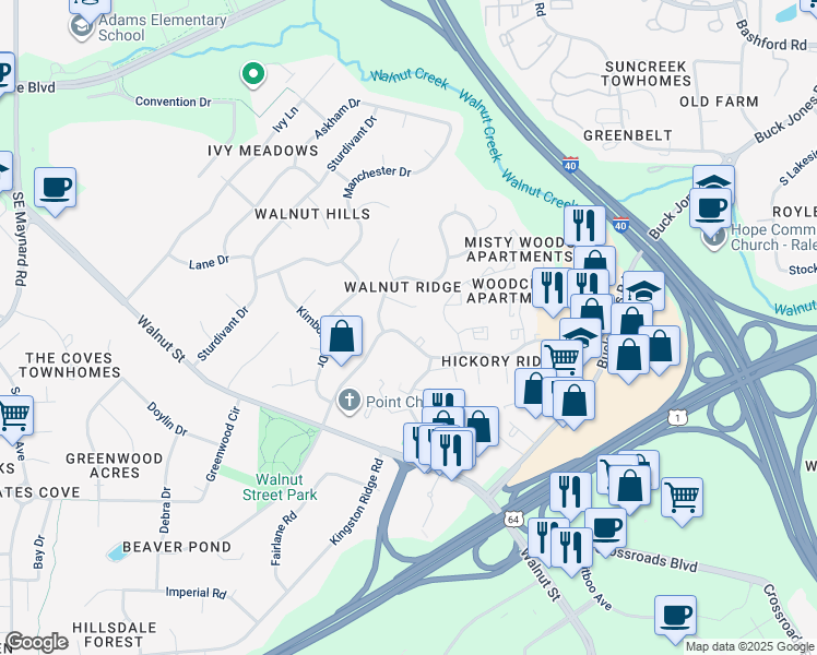map of restaurants, bars, coffee shops, grocery stores, and more near 1200 Nottingham Drive in Cary