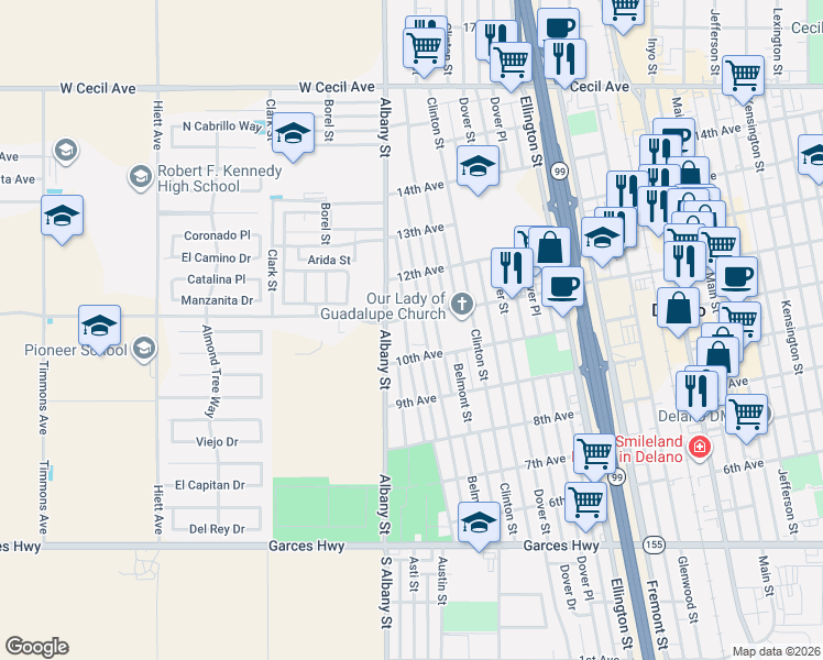 map of restaurants, bars, coffee shops, grocery stores, and more near 151 10th Avenue in Delano