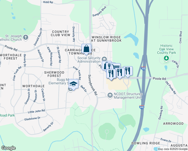 map of restaurants, bars, coffee shops, grocery stores, and more near 912 Williams Road in Raleigh