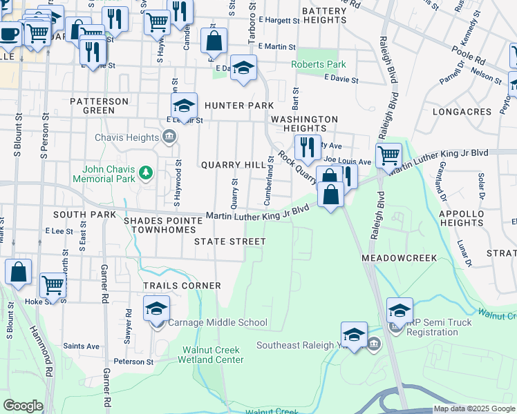 map of restaurants, bars, coffee shops, grocery stores, and more near in Raleigh