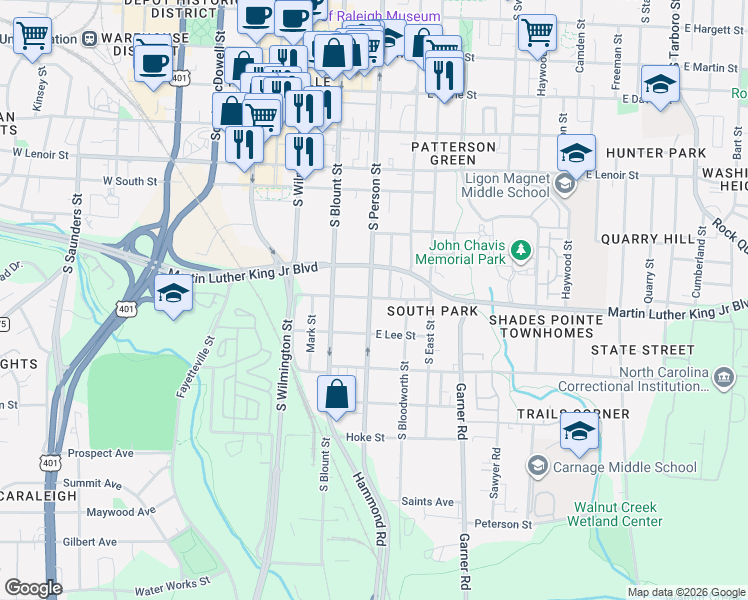 map of restaurants, bars, coffee shops, grocery stores, and more near 1012 South Person Street in Raleigh