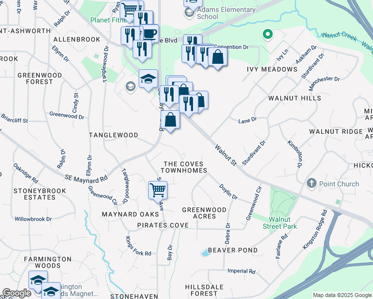 map of restaurants, bars, coffee shops, grocery stores, and more near 704 Collington Drive in Cary