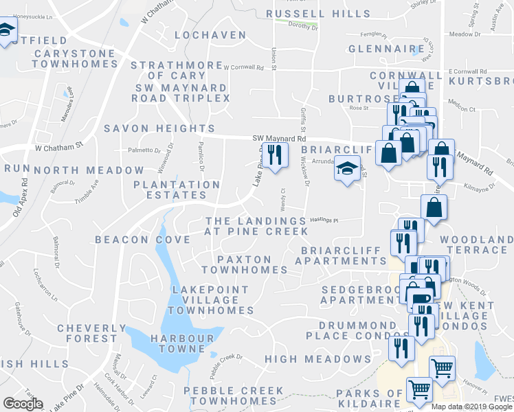 map of restaurants, bars, coffee shops, grocery stores, and more near 262 Harbor Creek Drive in Cary