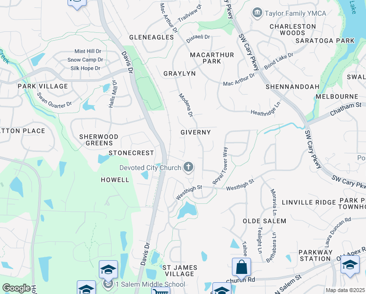map of restaurants, bars, coffee shops, grocery stores, and more near 101 Ve Theyl Lane in Cary