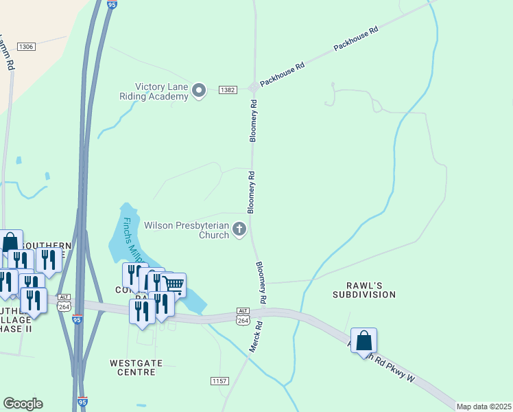 map of restaurants, bars, coffee shops, grocery stores, and more near 4876 Bloomery Road in Wilson