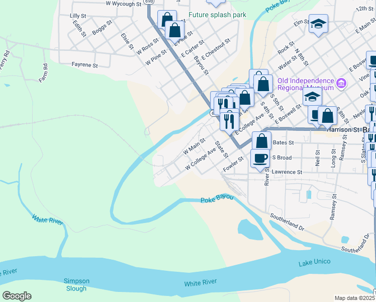 map of restaurants, bars, coffee shops, grocery stores, and more near West Main Street in Batesville