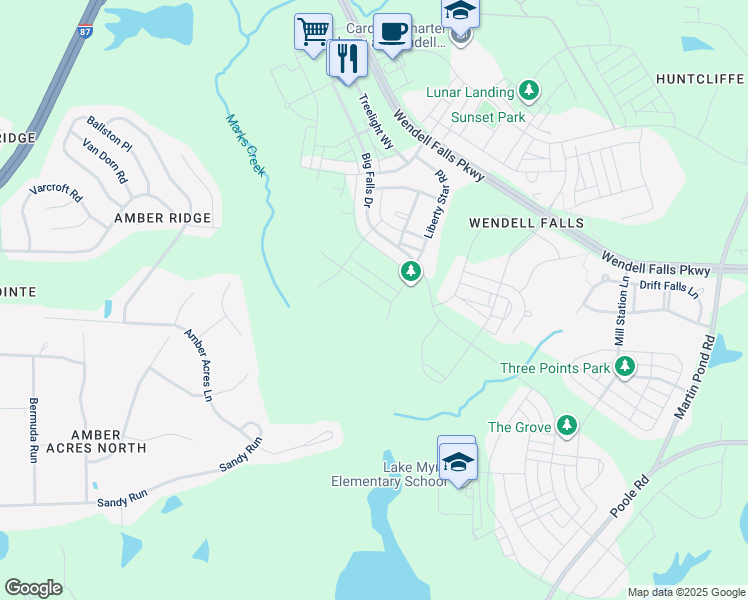 map of restaurants, bars, coffee shops, grocery stores, and more near 1909 Woodbluff Drive in Wendell