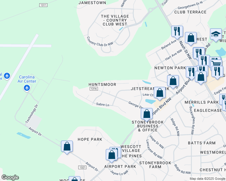 map of restaurants, bars, coffee shops, grocery stores, and more near 3902 Hawker Circle in Wilson