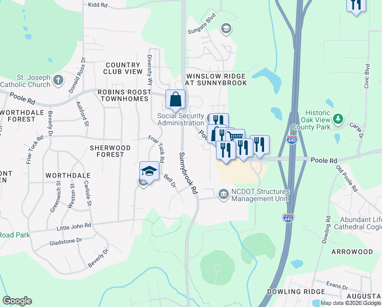 map of restaurants, bars, coffee shops, grocery stores, and more near 912 Williams Road in Raleigh