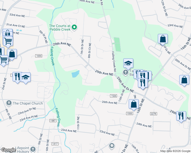 map of restaurants, bars, coffee shops, grocery stores, and more near 910 29th Avenue Northeast in Hickory