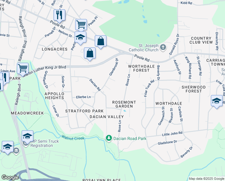 map of restaurants, bars, coffee shops, grocery stores, and more near 2620 Elmhurst Circle in Raleigh