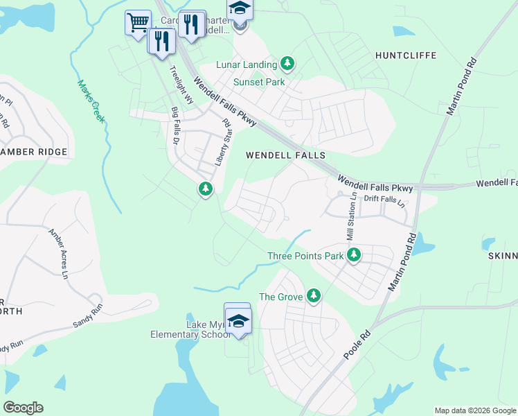 map of restaurants, bars, coffee shops, grocery stores, and more near 1902 Cedar Dam Lane in Wendell