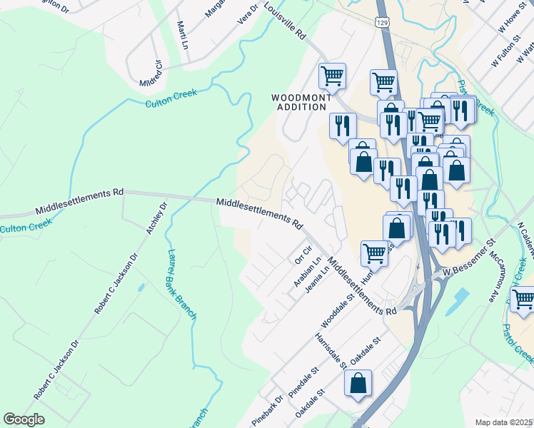 map of restaurants, bars, coffee shops, grocery stores, and more near 1211 Middlesettlements Road in Maryville