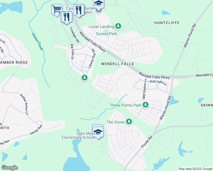 map of restaurants, bars, coffee shops, grocery stores, and more near 1902 Cedar Dam Lane in Wendell