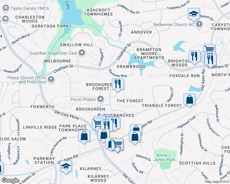 map of restaurants, bars, coffee shops, grocery stores, and more near 207 Amberglow Place in Cary