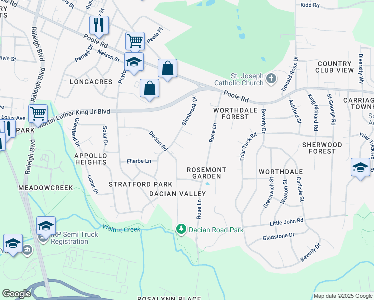 map of restaurants, bars, coffee shops, grocery stores, and more near 2620 Elmhurst Circle in Raleigh