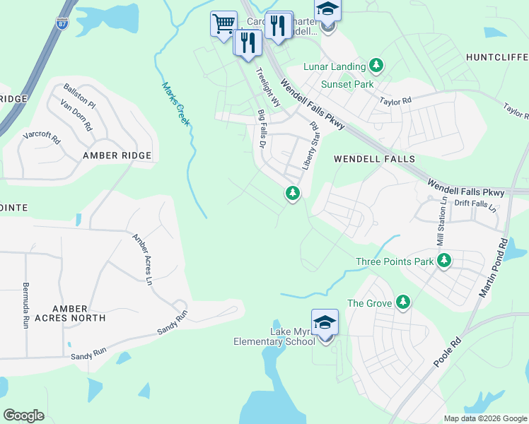 map of restaurants, bars, coffee shops, grocery stores, and more near 1928 Woodbluff Drive in Wendell