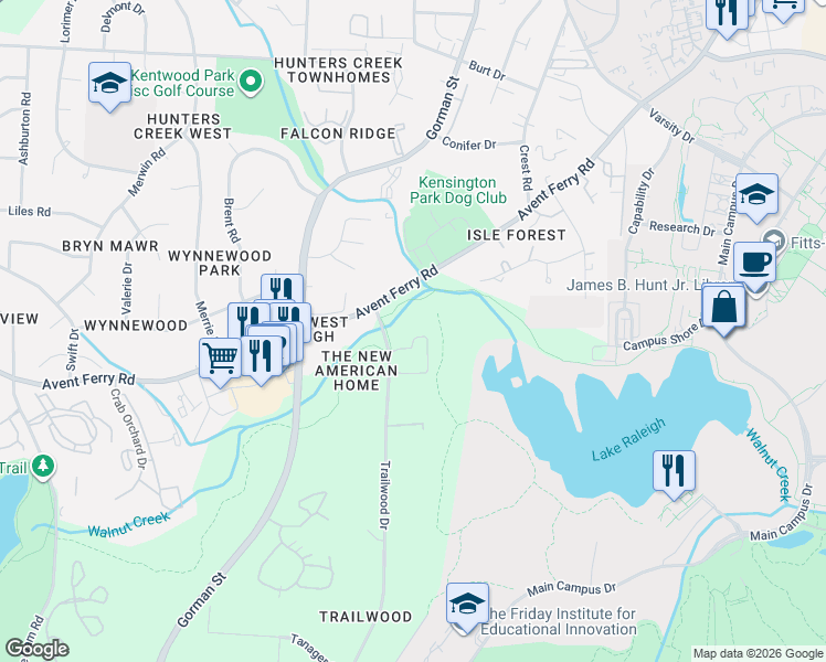 map of restaurants, bars, coffee shops, grocery stores, and more near 901 Trailwood Drive in Raleigh