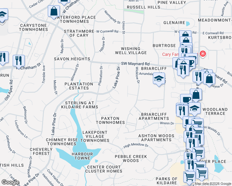 map of restaurants, bars, coffee shops, grocery stores, and more near 101 Arbuckle Lane in Cary