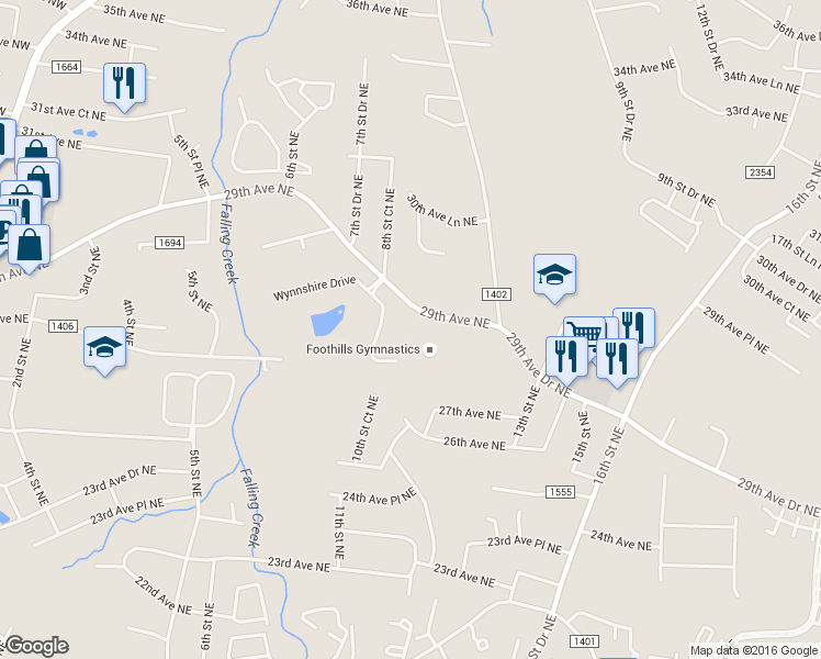 map of restaurants, bars, coffee shops, grocery stores, and more near 823 Wynnshire Drive in Hickory