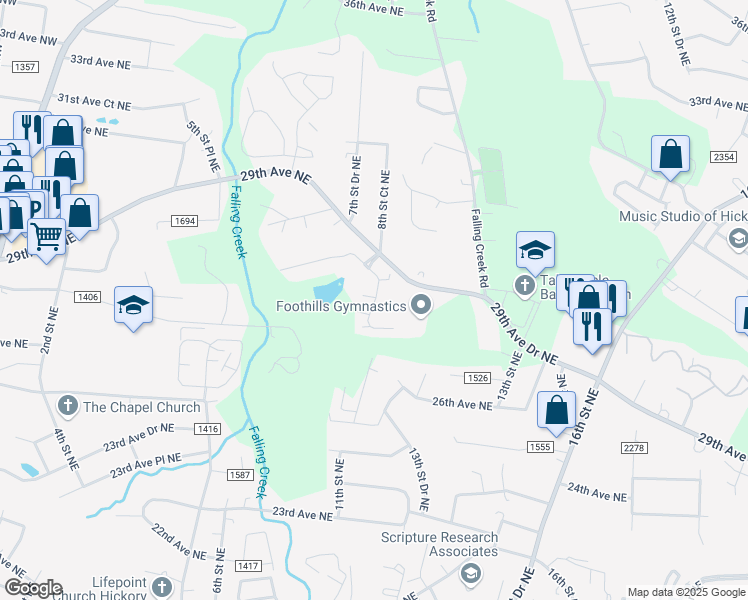 map of restaurants, bars, coffee shops, grocery stores, and more near 823 Wynnshire Drive in Hickory