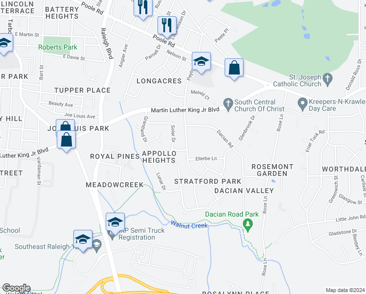 map of restaurants, bars, coffee shops, grocery stores, and more near 624 Peyton Street in Raleigh