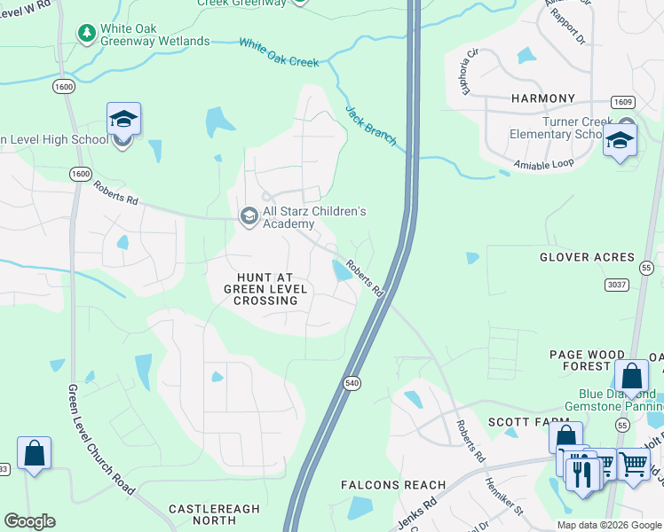 map of restaurants, bars, coffee shops, grocery stores, and more near 7340 Roberts Road in Cary