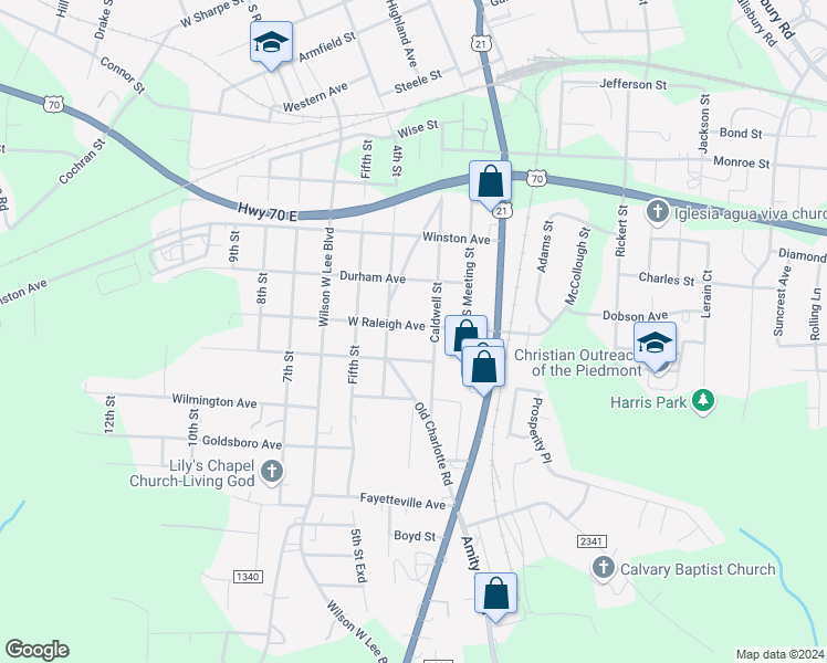 map of restaurants, bars, coffee shops, grocery stores, and more near 343 West Raleigh Avenue in Statesville