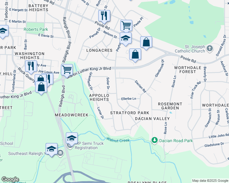 map of restaurants, bars, coffee shops, grocery stores, and more near 624 Peyton Street in Raleigh