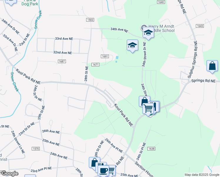 map of restaurants, bars, coffee shops, grocery stores, and more near 3120 28th Avenue Drive Northeast in Hickory