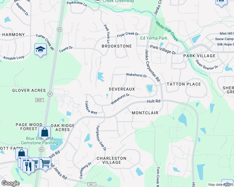 map of restaurants, bars, coffee shops, grocery stores, and more near 102 Whiteberry Drive in Cary