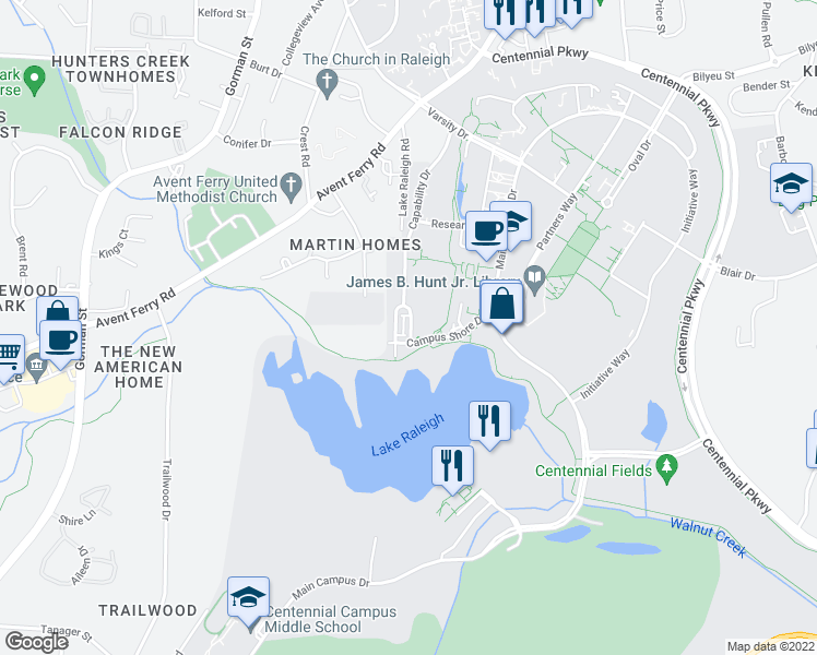 map of restaurants, bars, coffee shops, grocery stores, and more near 100 Twin Branches Way in Raleigh