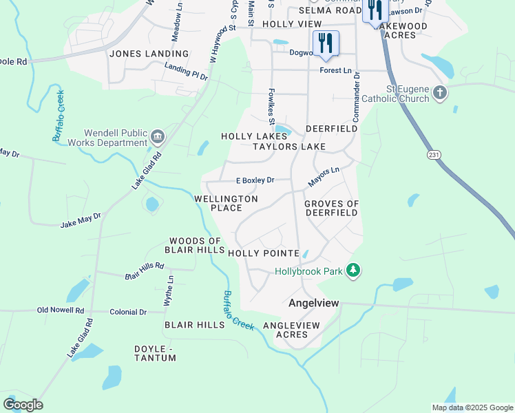 map of restaurants, bars, coffee shops, grocery stores, and more near 1036 Holly Pointe Drive in Wendell