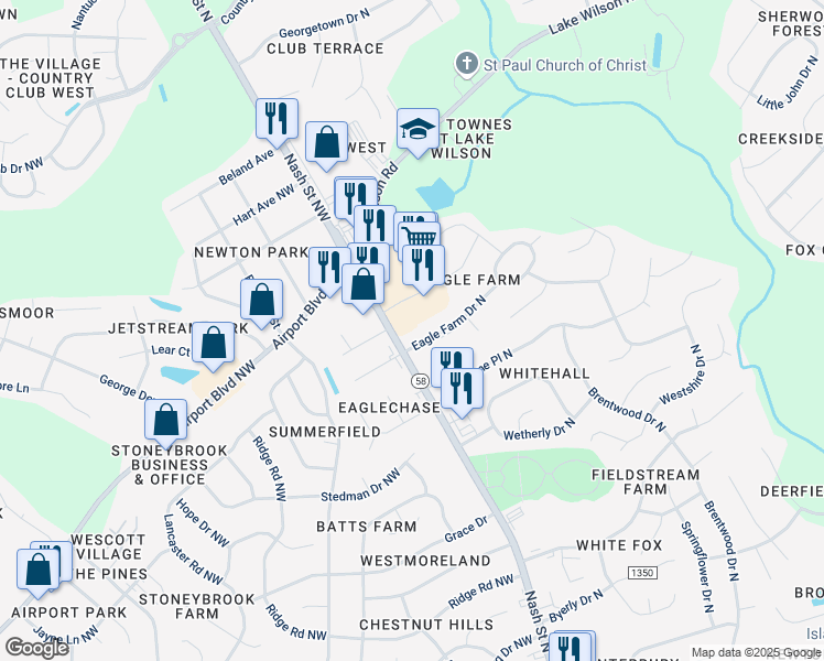 map of restaurants, bars, coffee shops, grocery stores, and more near 3700 Nash Street Northwest in Wilson