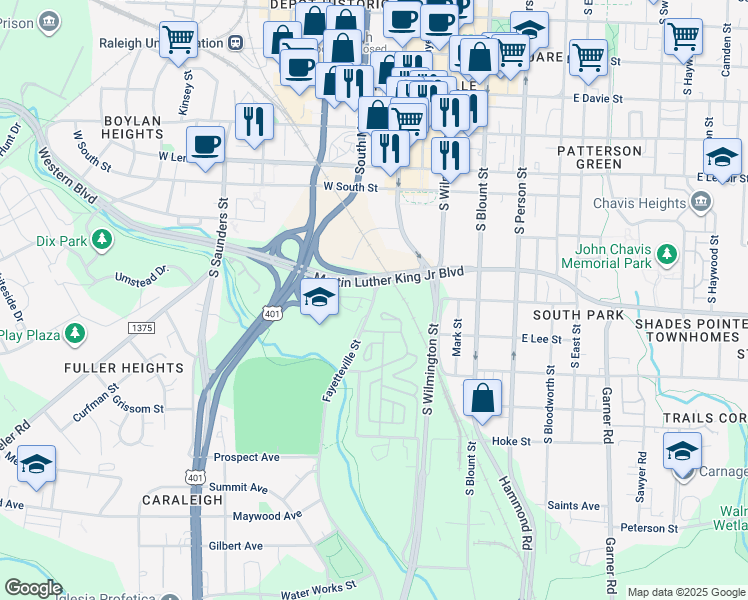 map of restaurants, bars, coffee shops, grocery stores, and more near Fayetteville Street in Raleigh