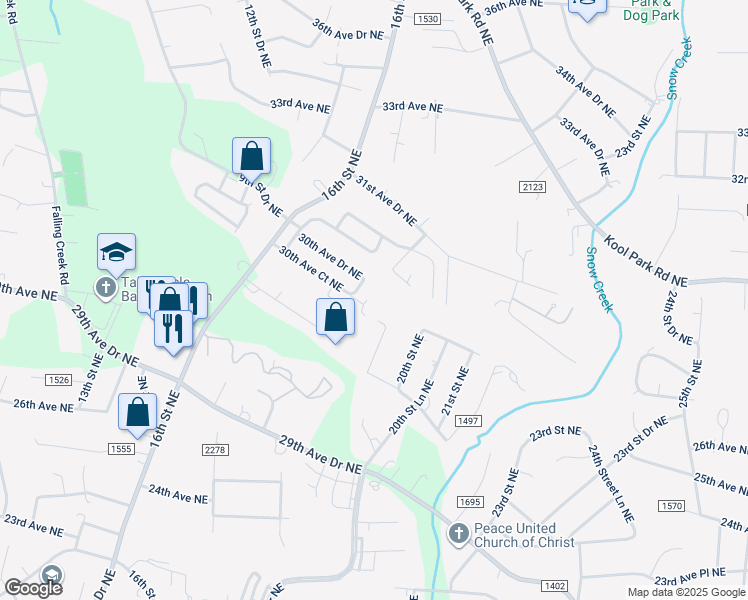 map of restaurants, bars, coffee shops, grocery stores, and more near 1855 30th Avenue Court Northeast in Hickory