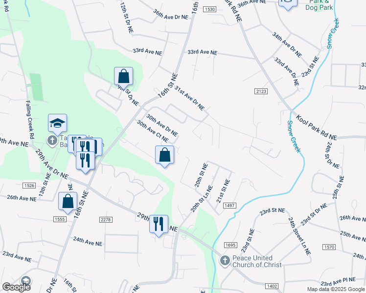 map of restaurants, bars, coffee shops, grocery stores, and more near 1855 30th Avenue Court Northeast in Hickory