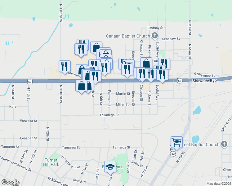 map of restaurants, bars, coffee shops, grocery stores, and more near 1807 Carroll Street in Muskogee