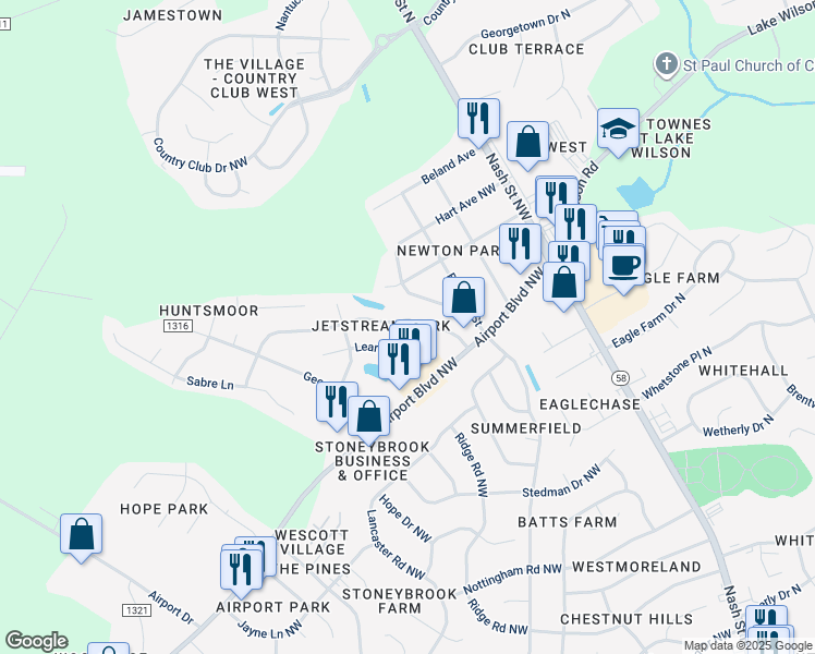 map of restaurants, bars, coffee shops, grocery stores, and more near 3817 Irene Dr in Wilson