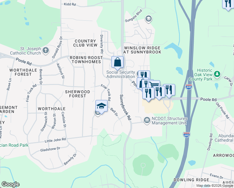 map of restaurants, bars, coffee shops, grocery stores, and more near 643 Sunnybrook Road in Raleigh
