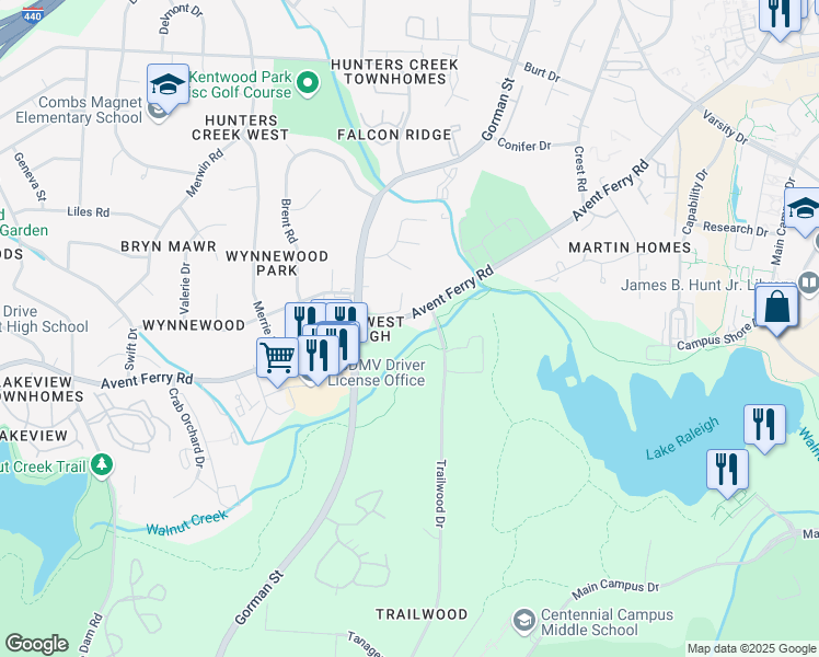 map of restaurants, bars, coffee shops, grocery stores, and more near 3114 Avent Ferry Road in Raleigh