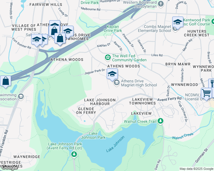 map of restaurants, bars, coffee shops, grocery stores, and more near 1420 Athens Drive in Raleigh
