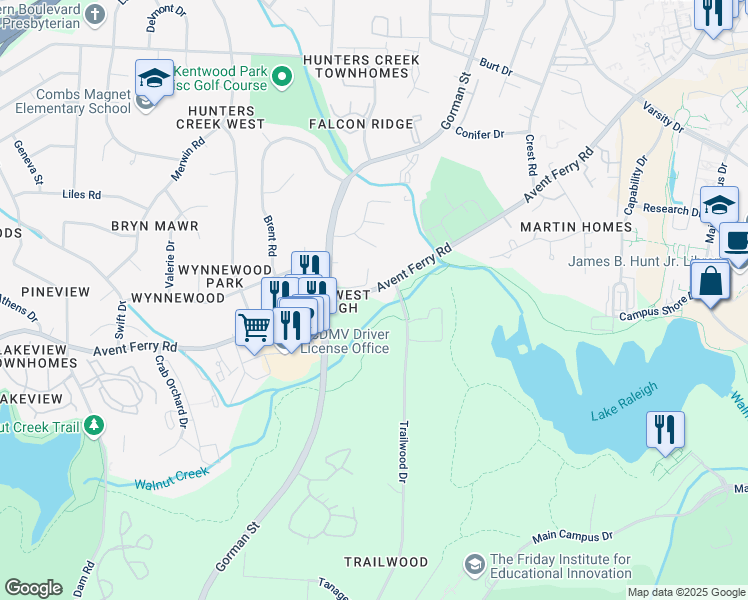 map of restaurants, bars, coffee shops, grocery stores, and more near 3013 Avent Ferry Road in Raleigh