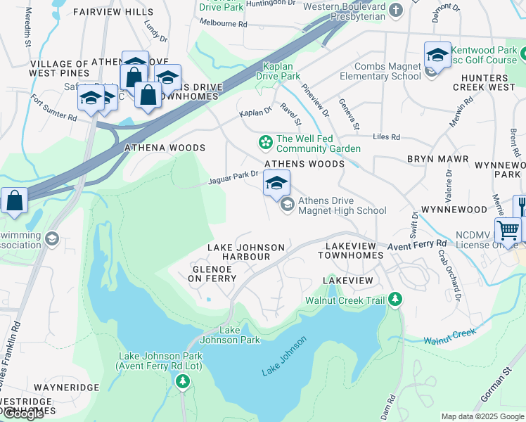 map of restaurants, bars, coffee shops, grocery stores, and more near 1420 Athens Drive in Raleigh