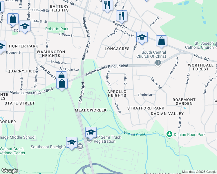 map of restaurants, bars, coffee shops, grocery stores, and more near 600 Grantland Drive in Raleigh