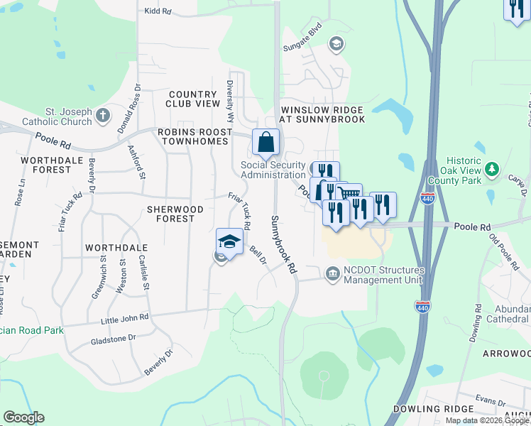 map of restaurants, bars, coffee shops, grocery stores, and more near 643 Sunnybrook Road in Raleigh