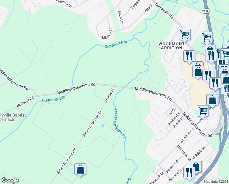 map of restaurants, bars, coffee shops, grocery stores, and more near 1925 Atchley Drive in Maryville